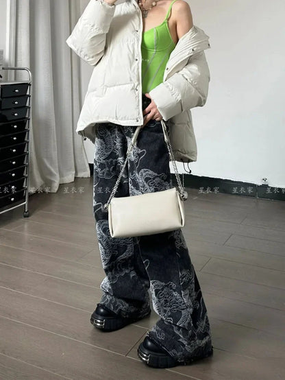 Y2K Baggy Dragon Print Denim Trouser Women's Washed Vintage Casual Emo Pants Grunge Street Retro High Waist Loong Trashy Jeans