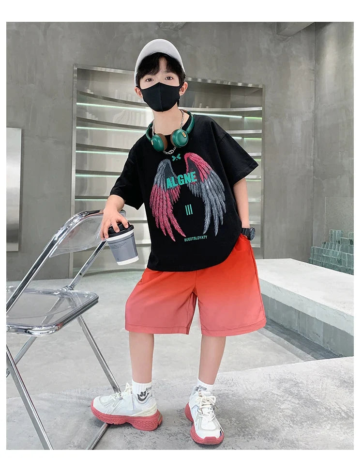 New Kids Boy Summer Clothing Set Cotton T-shirt With Wings Print + Shorts 2 Pieces Tracksuit Outfit for Child Suit Wear 5-14 T