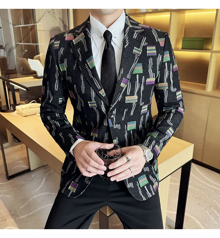 2025 New Luxury Denim Jacquard Suit Coats Men Fashion Slim Fit Suit Casual Business Party Coat Uniform Wedding Social Tailcoat