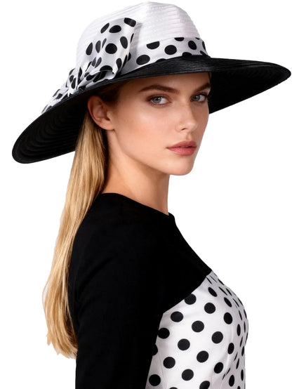 Elegant Women Wide Brim Rose Black Patchwork Polka Dots Kentucky Hat For Wedding Party Hat Big Bowknot Fedora Beach Cap
