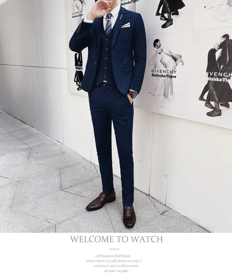 (Blazer+Vest+Pants) 2024 New Striped  Wedding Suits  for Men Three Piece Business Casual Party Multi-Occasion Slim Dress