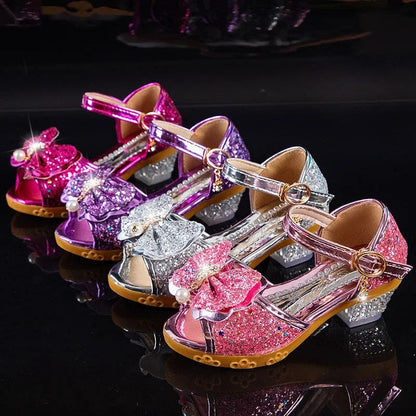 Girls Sandals Summer 2023  New Children's Princess Shoes Little Girls High-heeled Bow-knot Crystal Sandals Party Dress Wedding