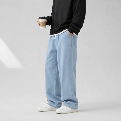 Spring and Autumn New American Drawstring Jeans for Men, Loose and Versatile Casual Pants, Trendy Washed Men's Pants