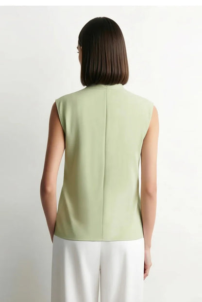 Elegant Women's Blouse 2026 Summer New V-Neck Sleeveless Chiffon Top Satin Spliced Office Flowy Shirt For Women 12642213