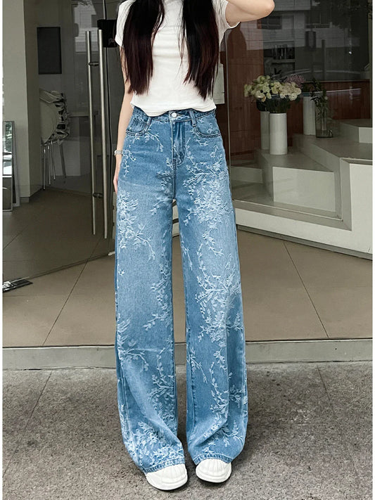 Women's Embroidered Floral Wide Leg Jeans High Waist Slim Fit Straight Cut Summer New Sle Thin Version Casual Denim Pants