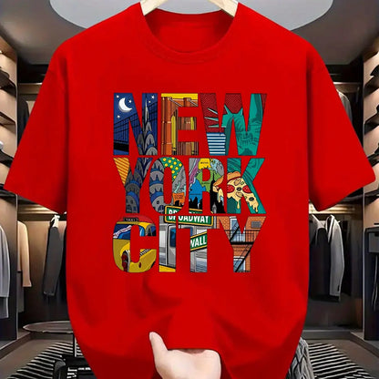 Summer men's 100% pure cotton casual loose fit plus size New York City printed comfortable round neck short sleeved T-shirt top