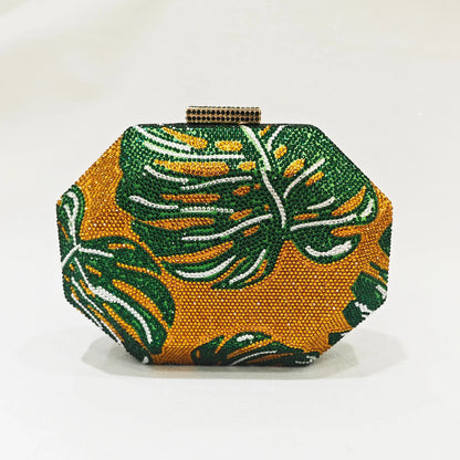 Green Leaf Diamond Evening Bag Gold Crystal Wedding Prom Clutches Formal Lady Rhinetone Chain Shoulder Handbags Party Purse