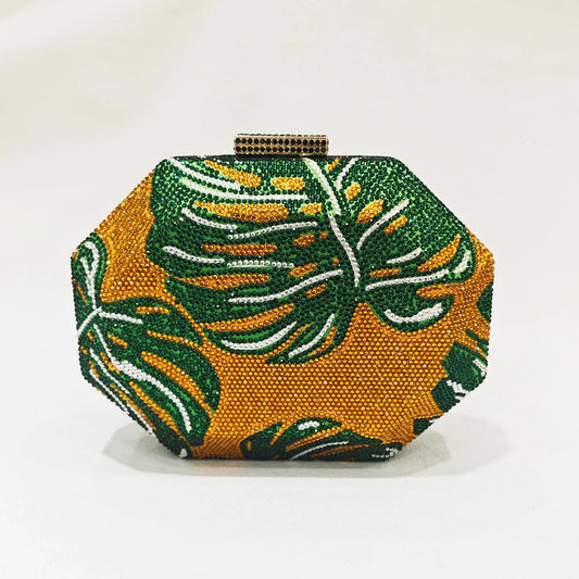 Green Leaf Diamond Evening Bag Gold Crystal Wedding Prom Clutches Formal Lady Rhinetone Chain Shoulder Handbags Party Purse