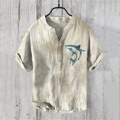 Men's short-sleeved POLO shirt blended linen top Hawaiian vacation great white shark fashion print Comfortable men's clothing