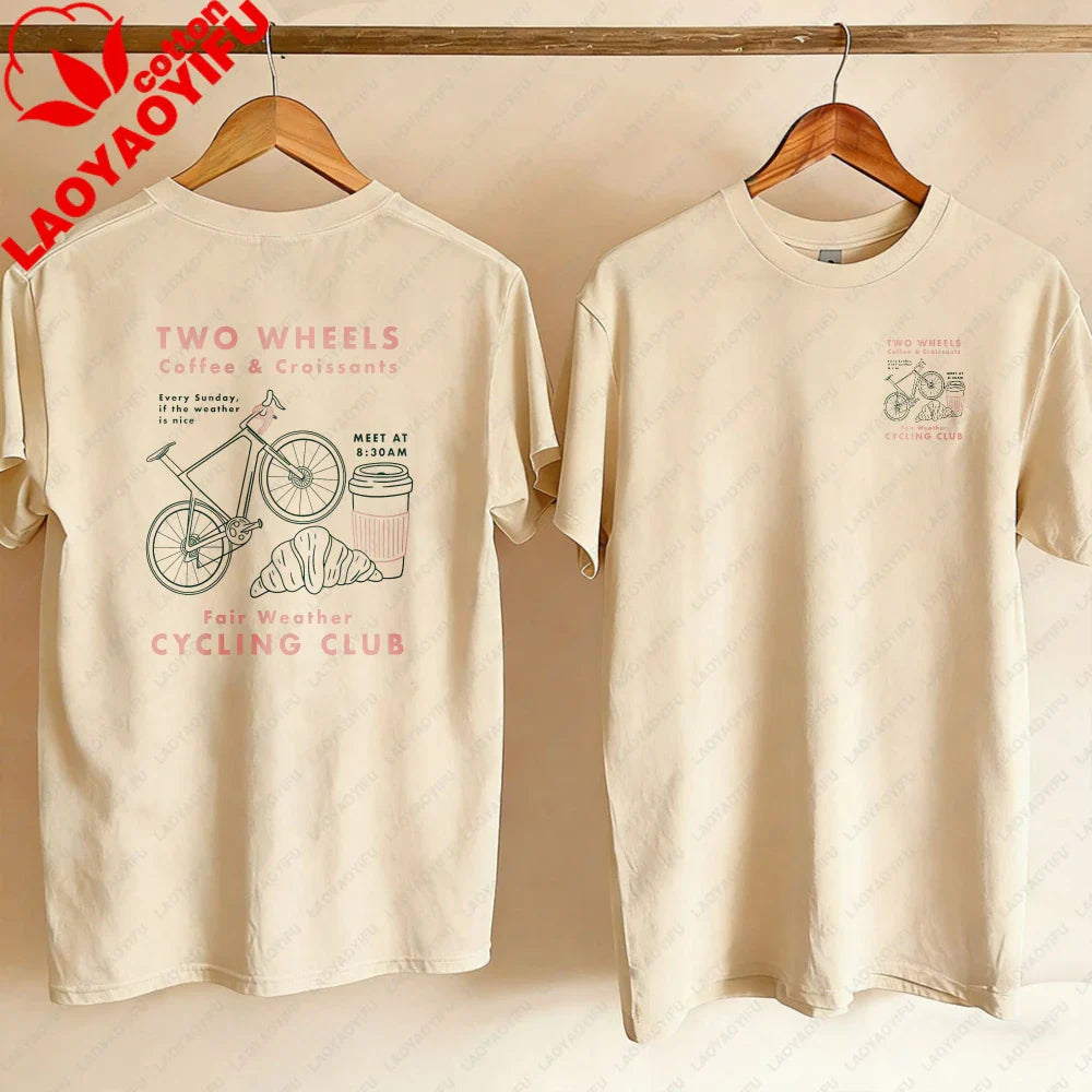 Cycling Club Cropped T-Shirt Hand-Drawn Bike Coffee & Croissants Graphic T Shirts Oversized T Shirt High Quality Cotton Tops Tee