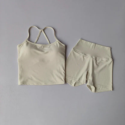 Women's yoga exercise set, popular slim shoulder yoga vest paired with high waisted, waist hugging, naked yoga three part shorts