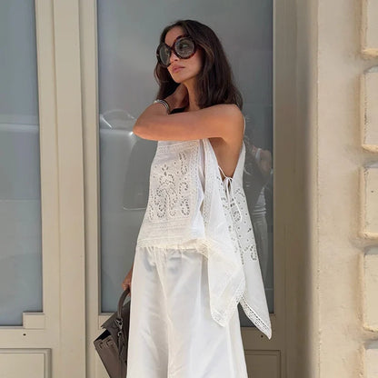 Thin Strap Square Neck Hollow Embroidery Women Cami Top Back Self Tie String Irregular Asymmetrical Lace Hem Loose Cropped Tank