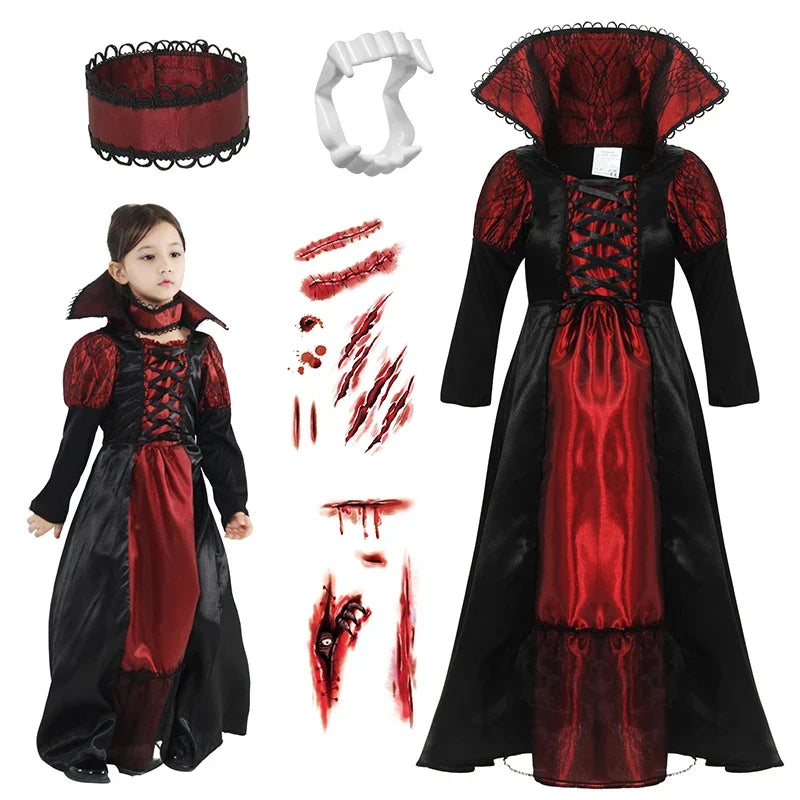 Girls Halloween Vampire Costume Adult Vampiress False Teeth Stickers Role Play Carnival Party Cosplay Outfits for Women
