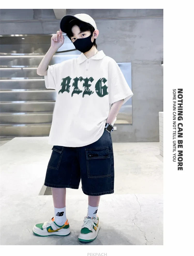 Korean Kids Boy Suit Summer Set Fashion Teenager Child Clothes Set Cotton Polo Shirt + Shorts 2pcs Outfits Tracksuit Costume