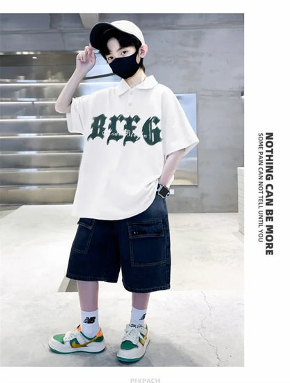 Korean Kids Boy Suit Summer Set Fashion Teenager Child Clothes Set Cotton Polo Shirt + Shorts 2pcs Outfits Tracksuit Costume