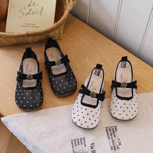 Girls' Casual Shoes, Polka Dot Mesh Princess Cute Bow Spring Summer 2026 Suitable Toddlers, Medium Large Children Wedding Party