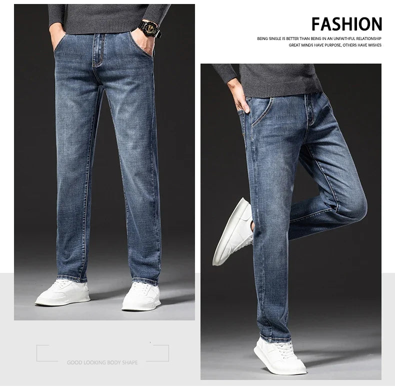 New Spring Summer Plus Size 40 42 44 Men Straight Loose Jeans Business Fashion Denim Stretch Pants Male Brand Trousers