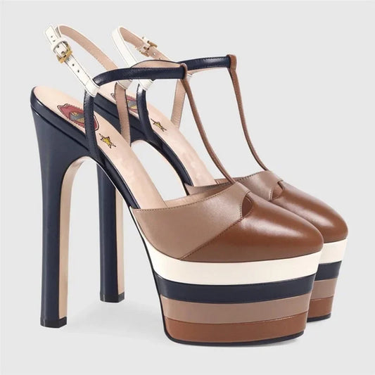 2026 Women's Round Head Sandals Thin Heels 5cm Thick Bottom Slope Heel Fish Mouth Rivet Sandal T-Platform Sandals Size34-43