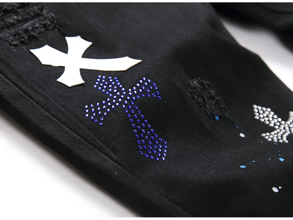 Men Crystal Cross Stretch Denim Jeans Holes Ripped Distressed Black Pants Embroidery Slim Tapered Trousers