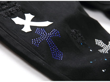 Men Crystal Cross Stretch Denim Jeans Holes Ripped Distressed Black Pants Embroidery Slim Tapered Trousers