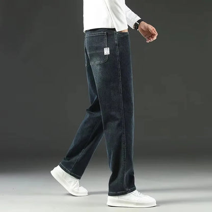 Autumn Winter  Brand New High Waist Jeans Classic Business Casual Office Men's Fashion Stretch Slim Denim Jeans Navy Blue