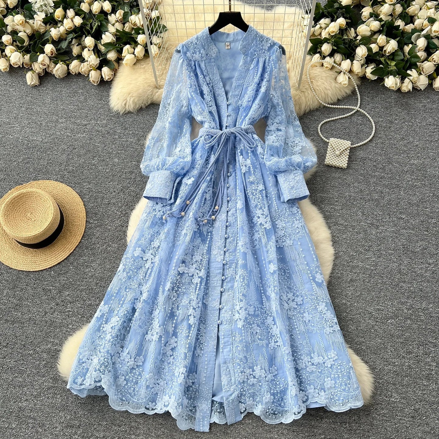 High-End Women's Dress Heavy Embroidery A-Line Long Skirt V-Neck Lantern Sleeve Single Button High Waist Korean Style Commute