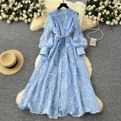 High-End Women's Dress Heavy Embroidery A-Line Long Skirt V-Neck Lantern Sleeve Single Button High Waist Korean Style Commute