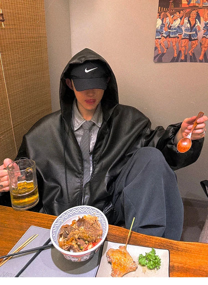 Spring Autumn Short Oversized Black Soft Pu Leather Jacket Men with Hood Zipper Loose Casual Korean Fashion Clothes