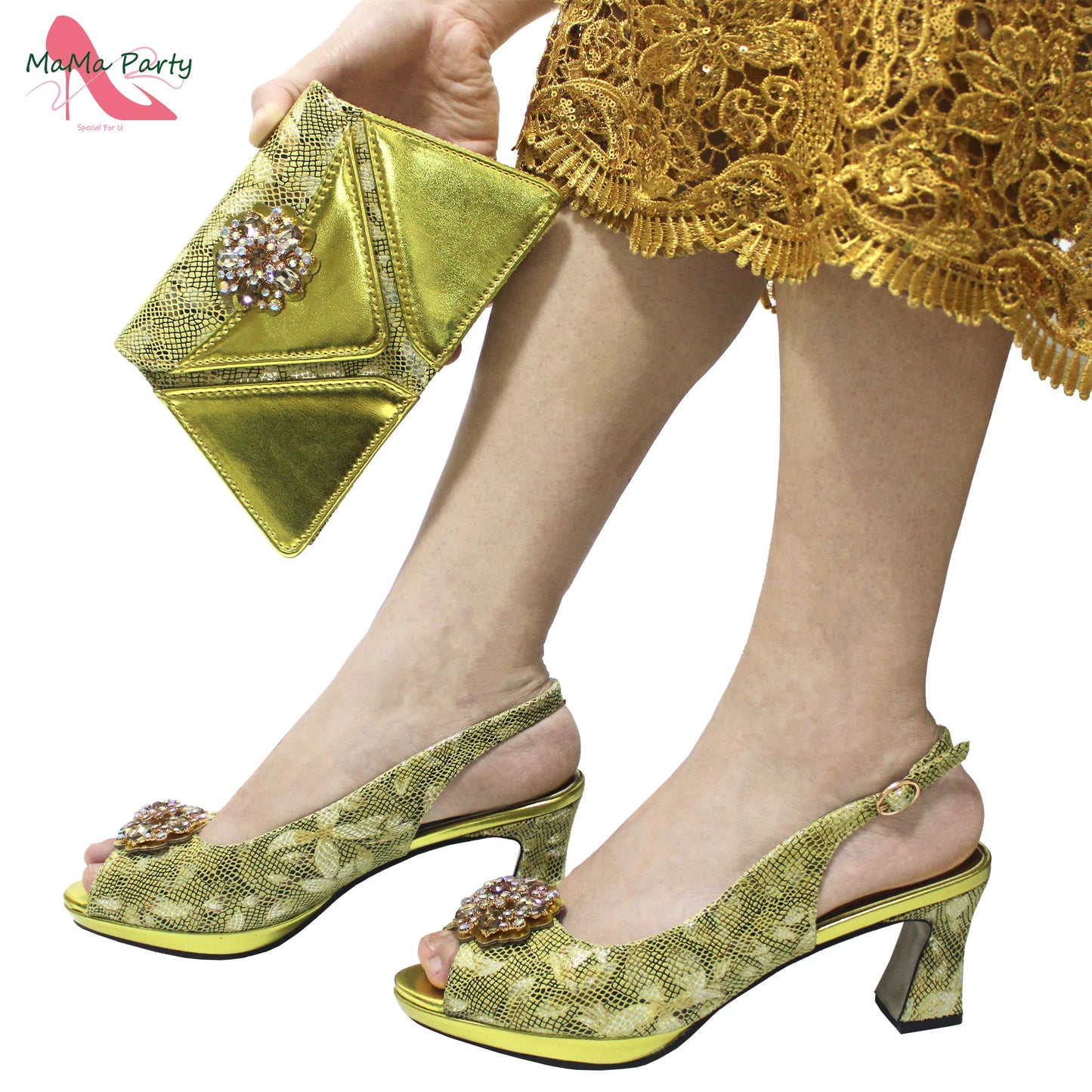Special Design New Coming INS Hot Sale African Women Shoes and Bag Set in Pink Color with Shinning Crystal for Party