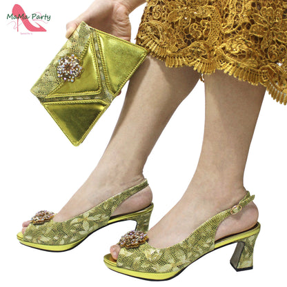 Special Design New Coming INS Hot Sale African Women Shoes and Bag Set in Pink Color with Shinning Crystal for Party