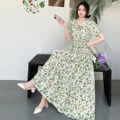 Summer New Cotton Silk Floral Print Maxi Dr ort Sve Beachwear High Waist Young Women's Large Skirt Swing Dr