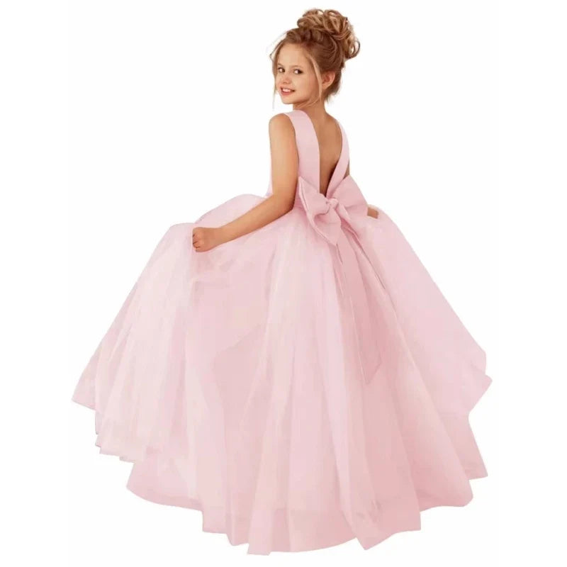 Customized Flower Girls Dress Dusty Pink Pearls Belt With Bow For Wedding Birthday Banquet Prom Ball Holy Communion Gowns