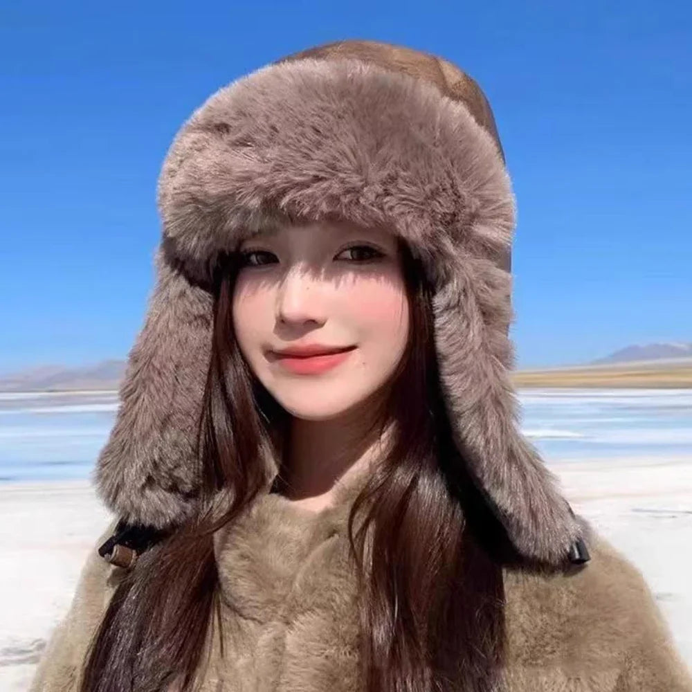 Bomber Hat High Quality Waterproof PU Leather Russian Hat Men Women Thick Warm Winter Fur Hat Male Female Ski Earflap Cap