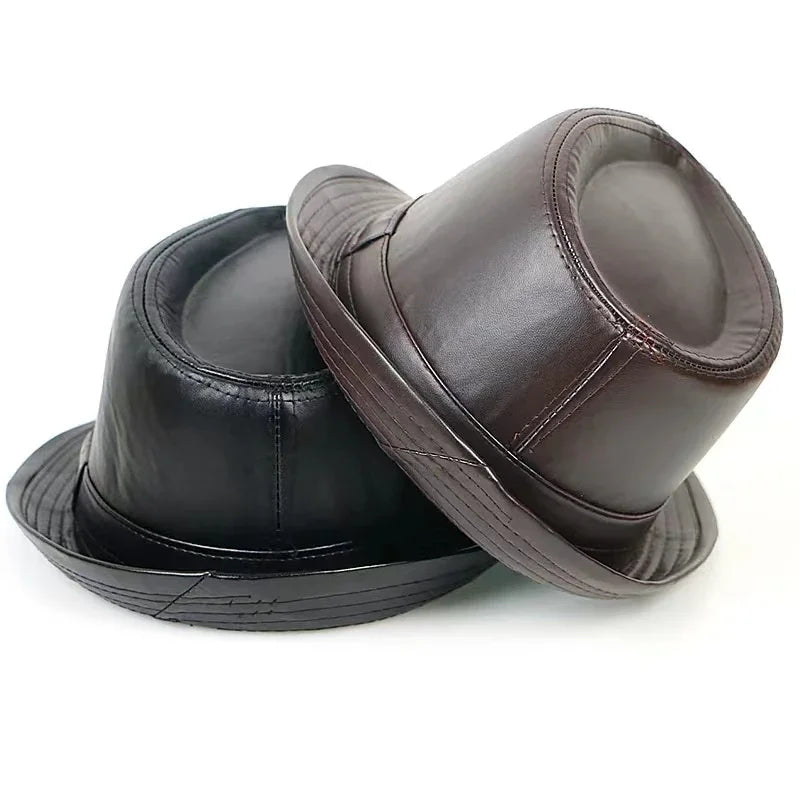 Men and Women Black Leather Fedora Hat Vintage Style Jazz Hat for Autumn & Winter Fashion, Handmade Trilby Hat
