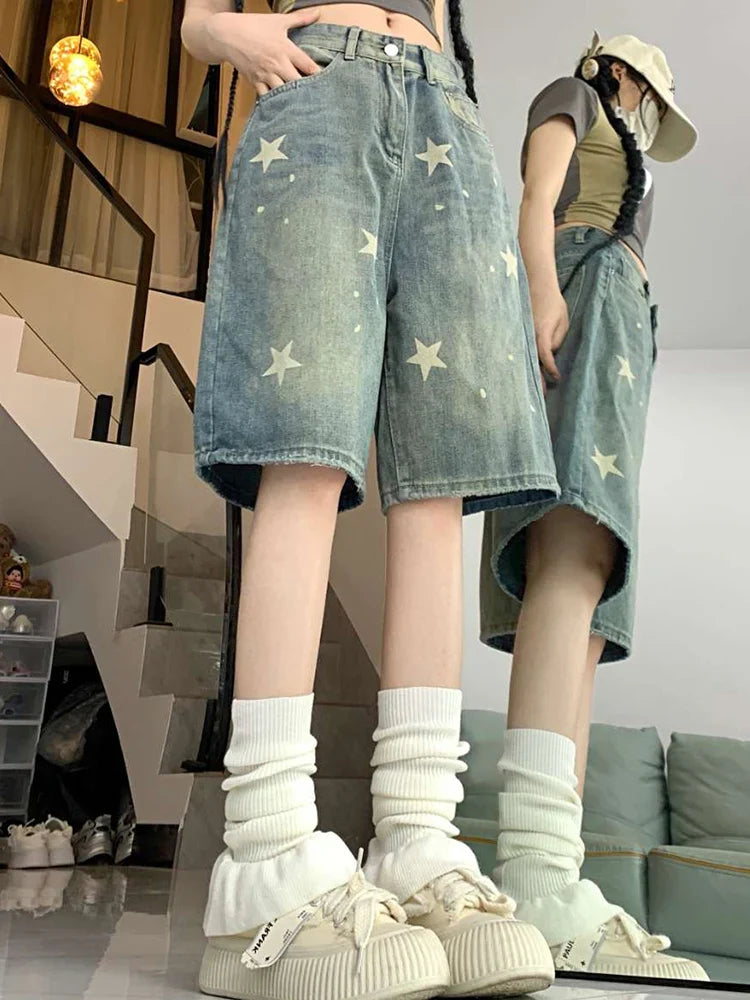 Women High Waist American Retro Washed Wide Leg Jeans Girls Street Do Old Star Loose Denim Pants Female Blue Knee Length Shorts