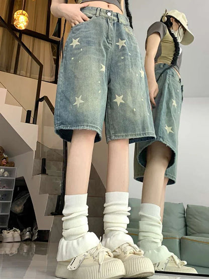 Women High Waist American Retro Washed Wide Leg Jeans Girls Street Do Old Star Loose Denim Pants Female Blue Knee Length Shorts