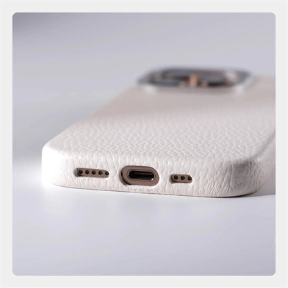 Luxury Business Lychee Texture Leather Shockproof Case For iPhone 17 Pro Max 16 15 14 13 For MagSafe Magnetic Alloy Lens Cover