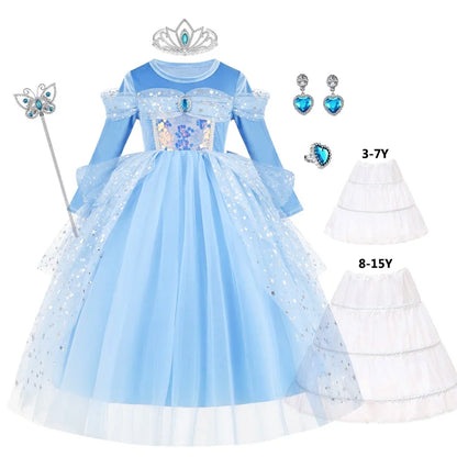 Girl Cinderella Dress Long Sleeve Princess Cosplay Costume Blue Sequin Children Bithday Surprise Kids Ball Gown