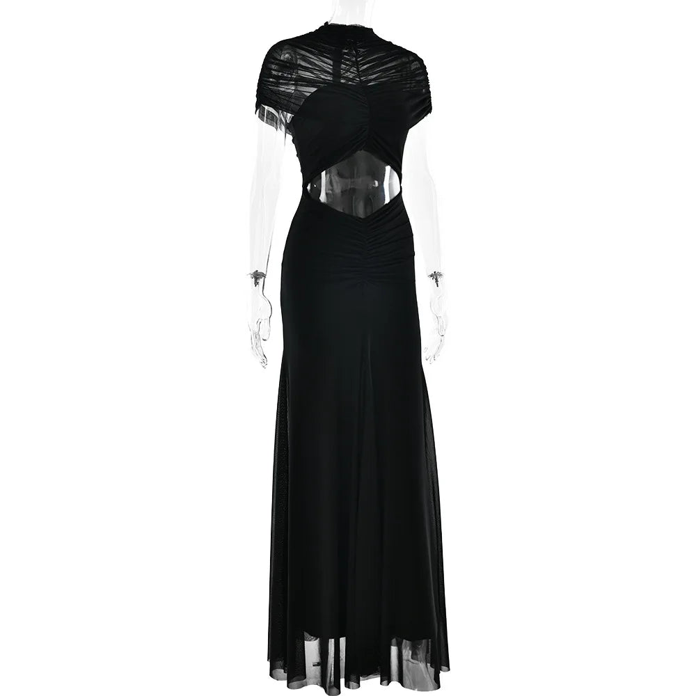 New Ruched Irregular Mesh Dress Women Patchwork High Neck Short Sleeve Hollow Out Long Dresses Female Party Maxi Dresses Outfits