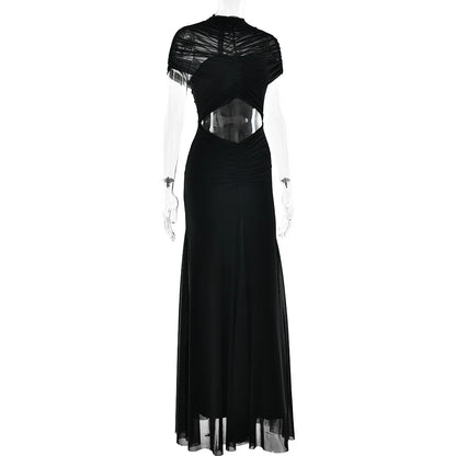 New Ruched Irregular Mesh Dress Women Patchwork High Neck Short Sleeve Hollow Out Long Dresses Female Party Maxi Dresses Outfits