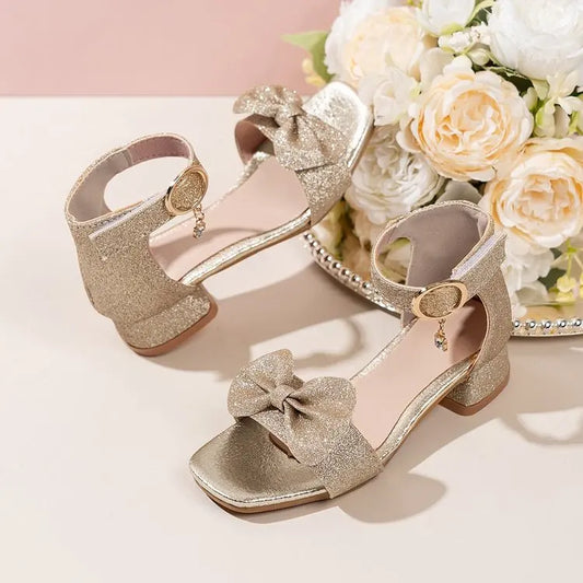 Girls Low Heel Sandals Girls Glitter Low Heel Sandals Sparkly Bow Dress Shoes 8th Grade Dance Birthday Party Princess Wedding