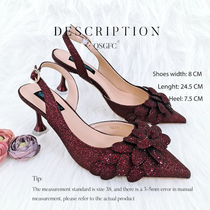 New Sky Blue Satin Handmade Flowers Shoes And Bag African Women's Banquet Pointed Toe Heels Matching Shoes And Bag Wedding Party
