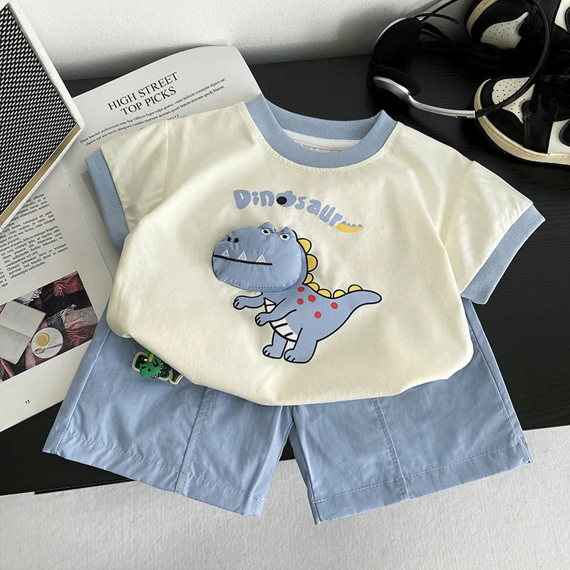New Baby Summer Clothes Kids Cute Cartoon Suits Boys 3D Dinosaur Tshirt Shorts 2Pcs Sets Chidren Girls Fashion Clothing Outfits