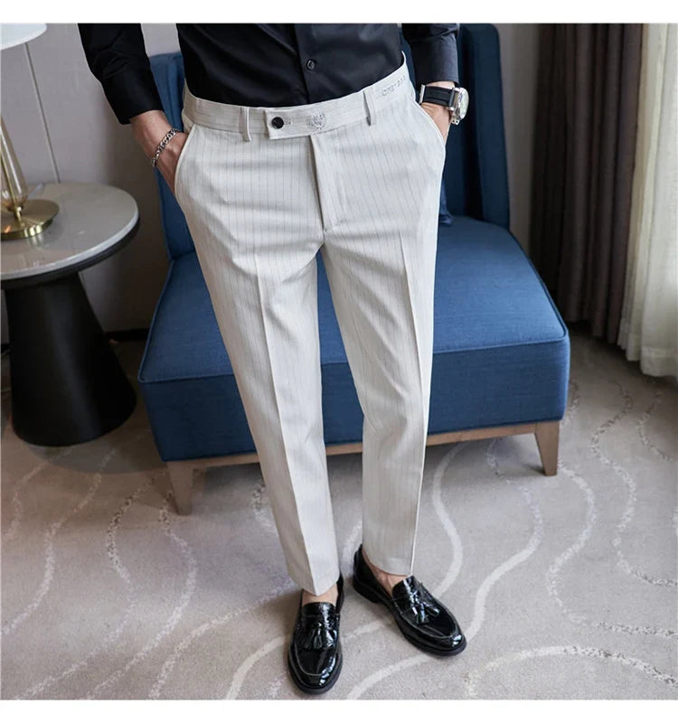 New Korean Style Fashion Striped Embroidery Suit Pants Men's Business Slim Casual Straight Pants Formal Wedding Party Trousers