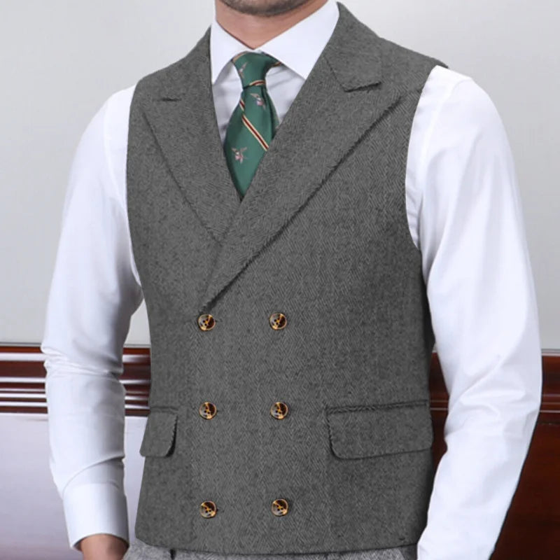 Men Vest Gray Herringbone With Lapel Double Button Waistcoat For Wedding Business Banquet Work Daily Casual Men Suit Vest
