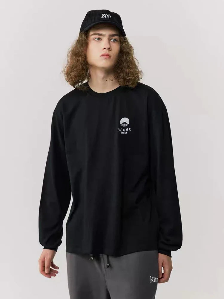 Autumn Limited Edition Japan Fuji Mountain Embroidered Loose Couple Men Women Long Sleeve T-Shirt Cotton Casual O-Neck Tops