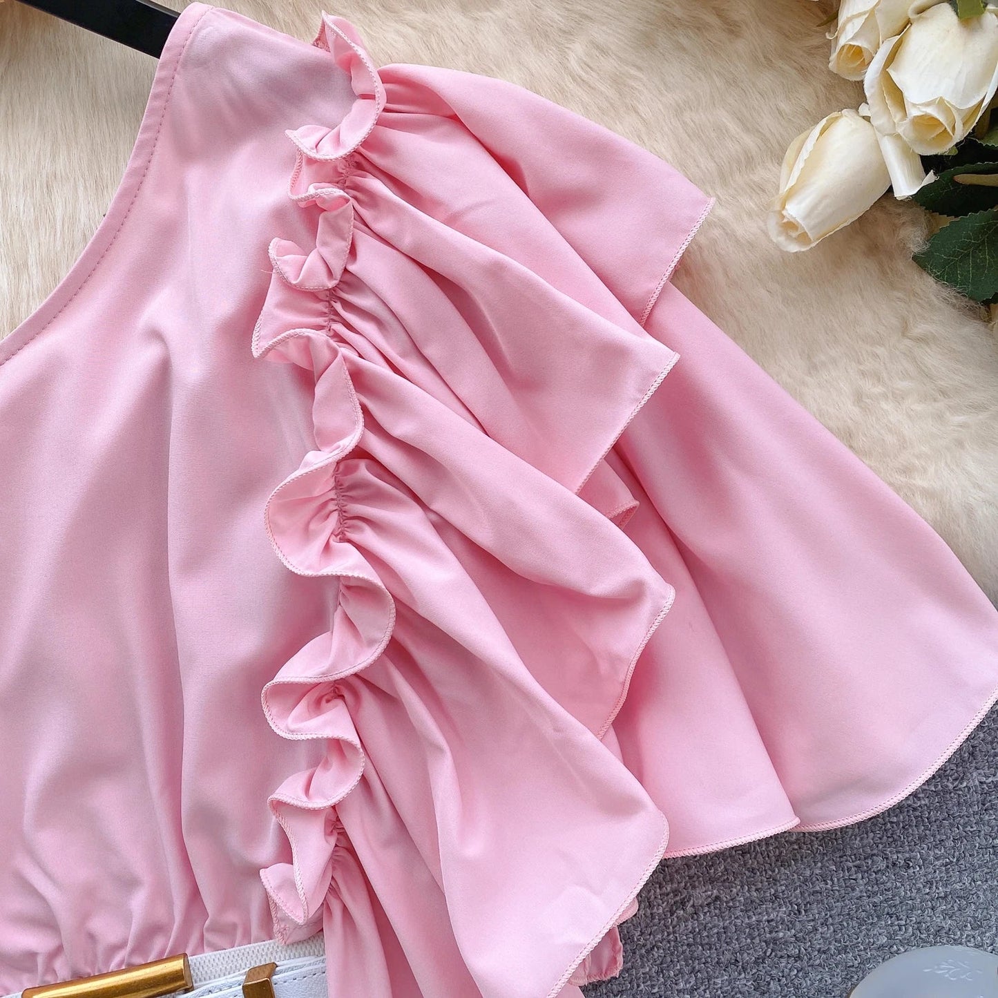 American Chic Blouse for Women Flounced Edge Skew Collar Bare Midriff Belt Skinny Shirts Summer Casual Female Tops Dropshipping