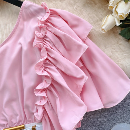 American Chic Blouse for Women Flounced Edge Skew Collar Bare Midriff Belt Skinny Shirts Summer Casual Female Tops Dropshipping