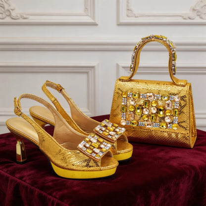 2026 New Arrival Rhinestone Peep-Toe High Heel Sandals and Bag Set for Women –Elegant Italian Party Shoes Perfect for Wedding