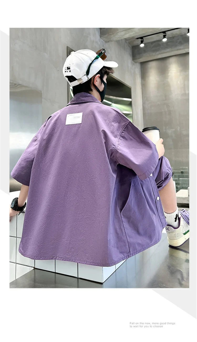 Kids New Summer Purple Suit for Boys Short Sleeve Shirt + Shorts 2 Pieces Clothes Set Children Loose Style Outfit Clothing Set
